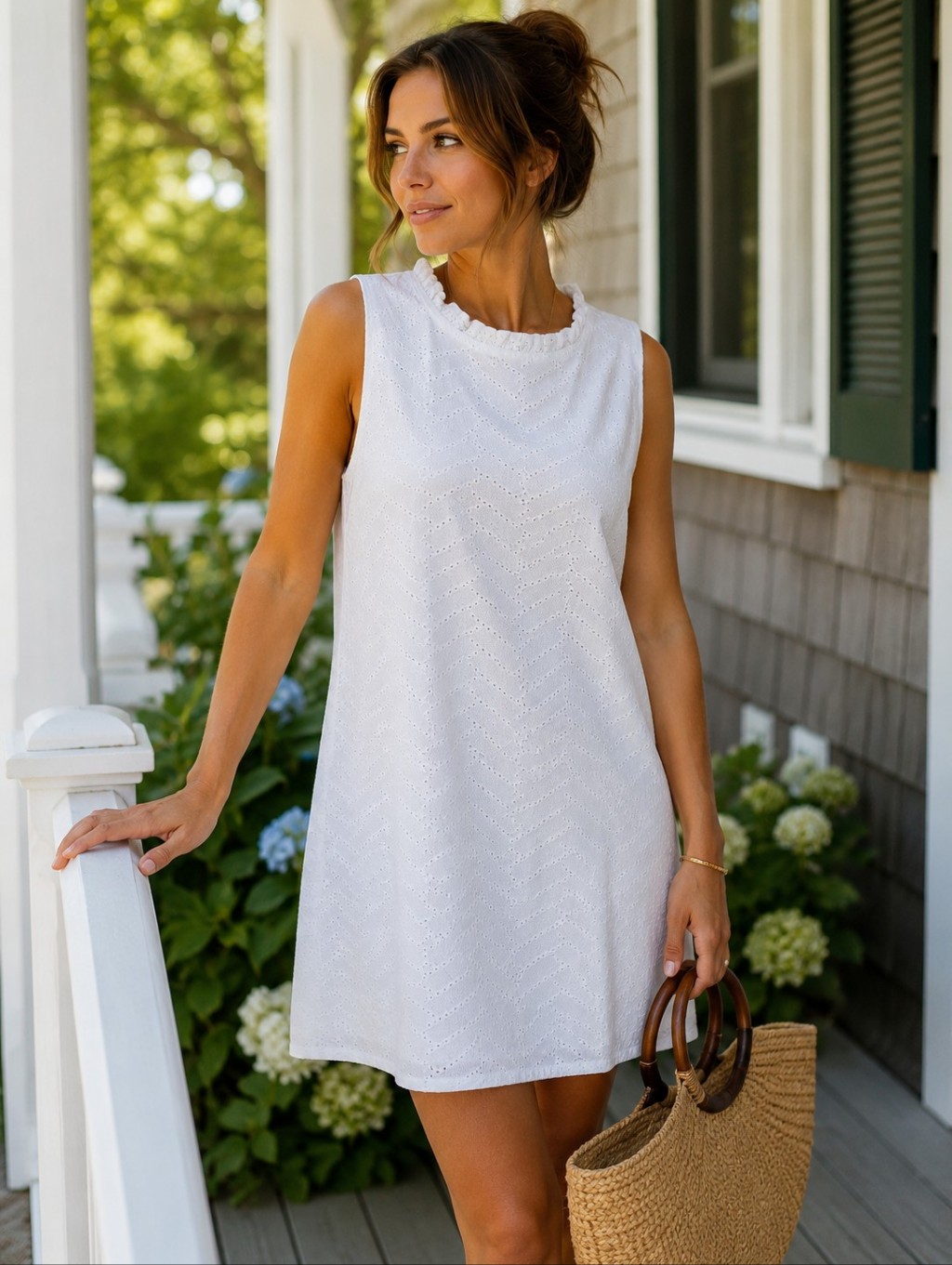 Sts Sail To Sable White Eyelet Shift Dress Ruffle Neck Open Keyhole Back Lined L